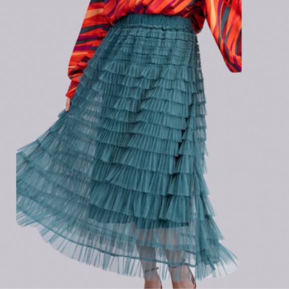 New in Fabulous Mesh Ruffle Faded Teal Maxi Skirt - Picture 7 of 7